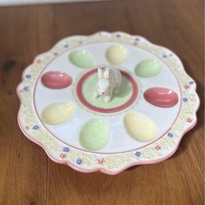 Easter Bunny Deviled Egg Plate Pastel Spring Platter 8 Eggs  11.5"  Pansies